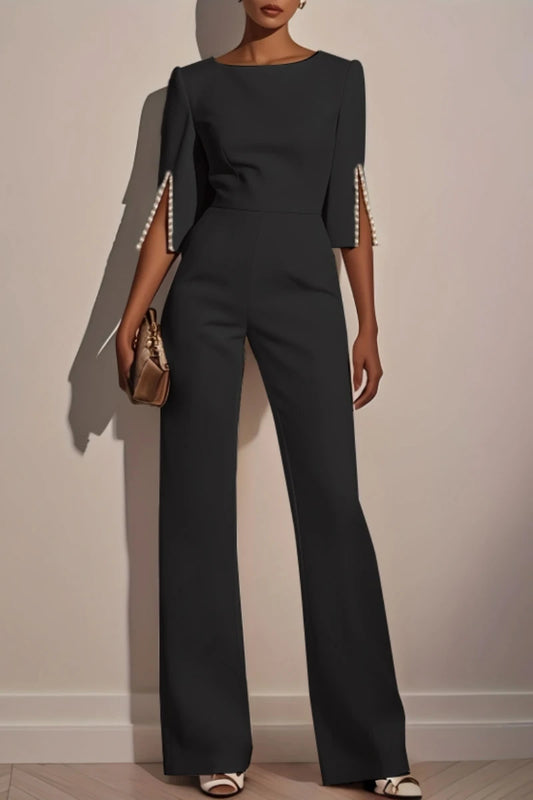 Women's Jumpsuit Casual Solid Color Length Sleeve Straight Round Neck Beaded High Waist Daily Going out Regular Fit Black Wh