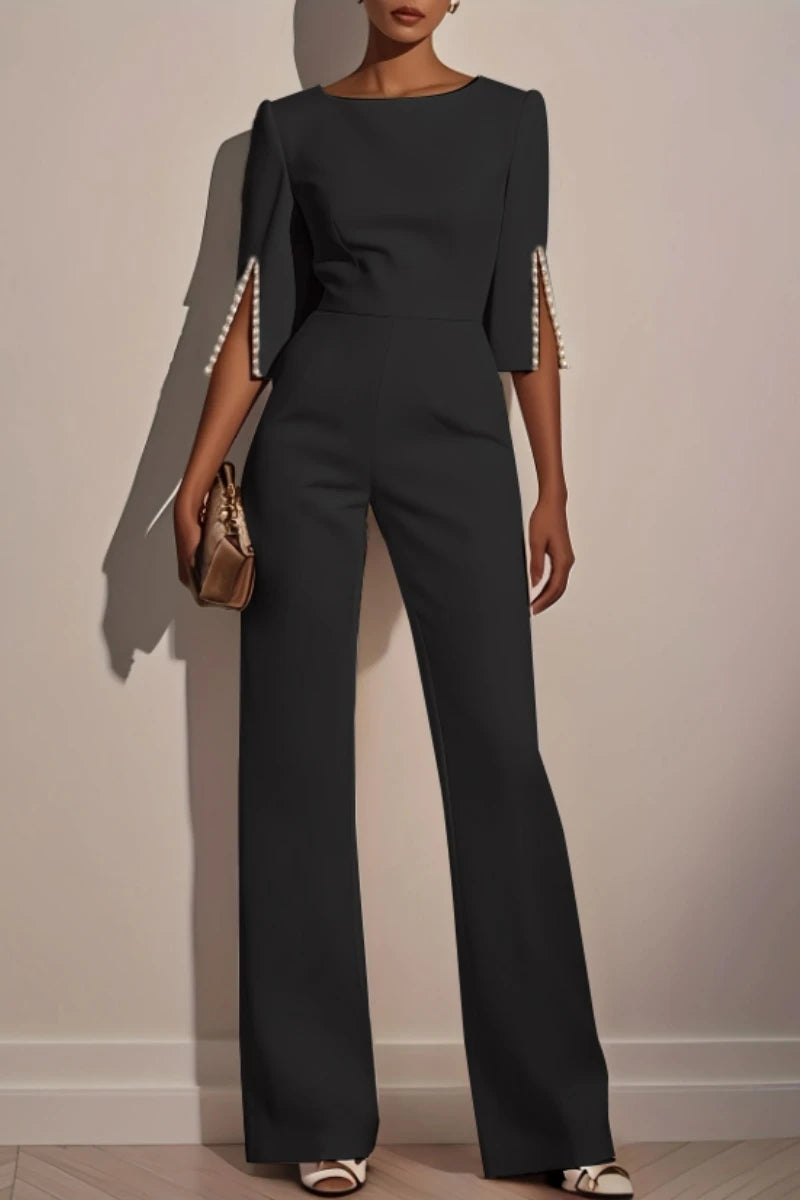 Women's Jumpsuit Casual Solid Color Length Sleeve Straight Round Neck Beaded High Waist Daily Going out Regular Fit Black