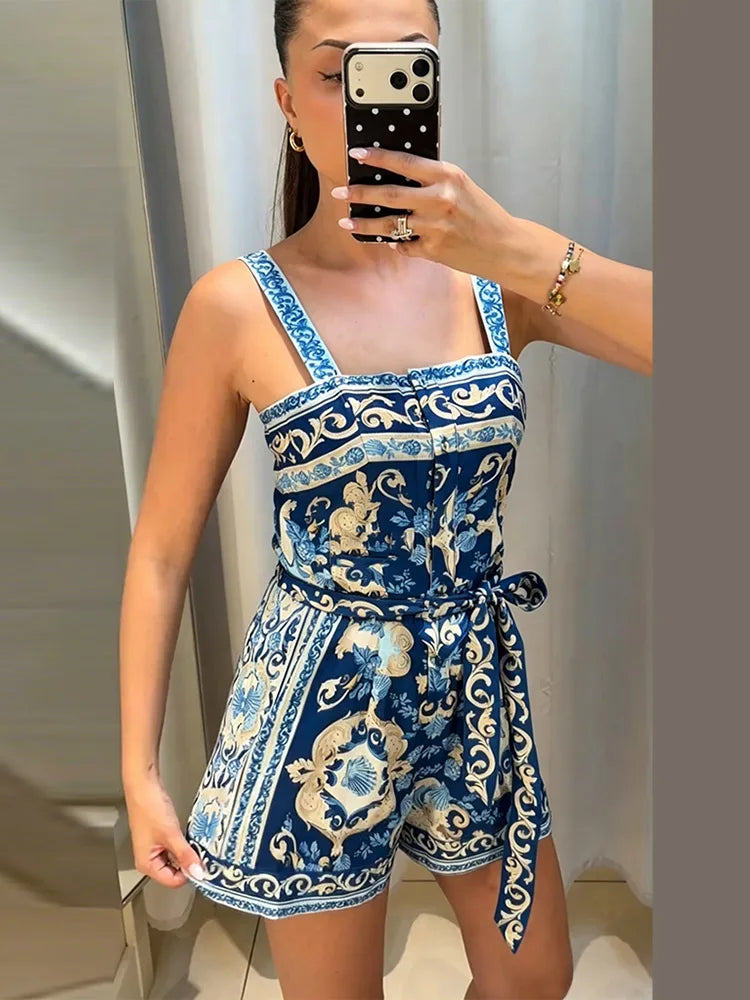 Print Sling Shorts Jumpsuits Women Square Lace Up High Waist Wide Legs Jumpsuit Female 2026 Summer New Chic Vacation Streetwears
