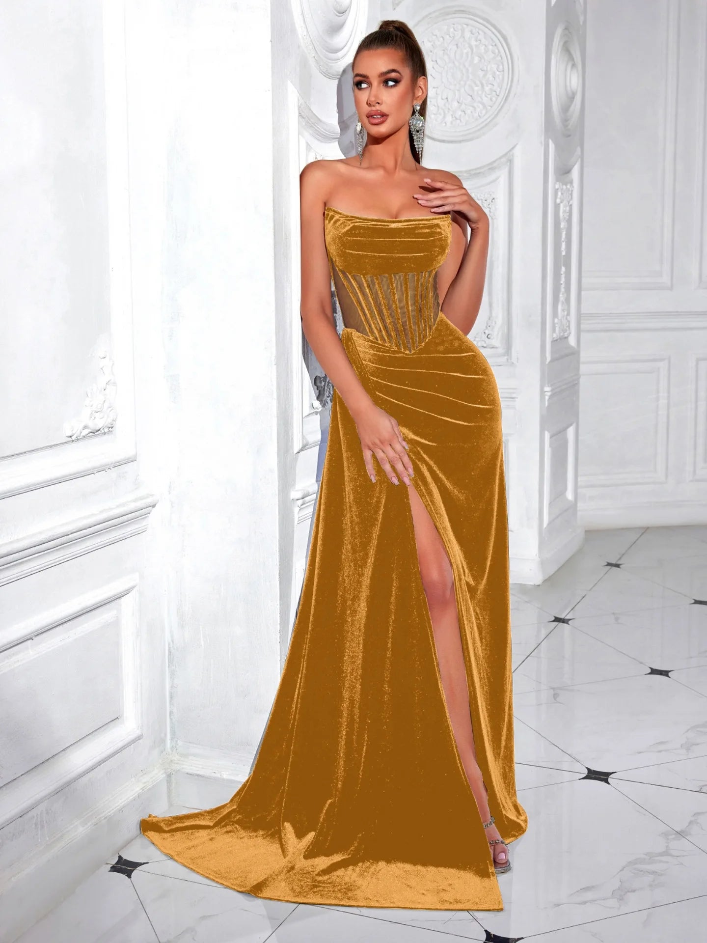 Elegant Korean Velvet Long Dress Sexy Fishbone Sash Strapless Evening Gown High End Adult Women's Fashion Summer 2025