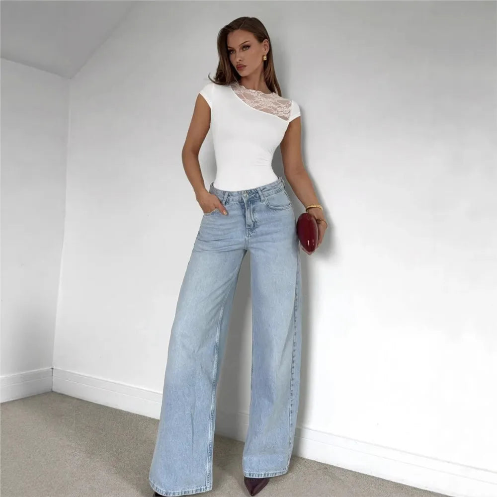 Women's Clothing Lace Edge Patchwork Short-sleeved Jumpsuit