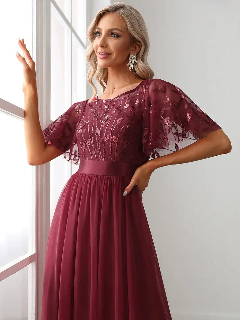 Print Maxi Long with Cap Sleeve Ever Pretty of Burgundy Gauze Prom Dresses Of Women