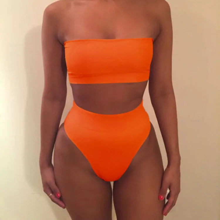 Women Strapless Tube Top Bikini Set High Cut High Swimwear Summer Beach Bathing Suit