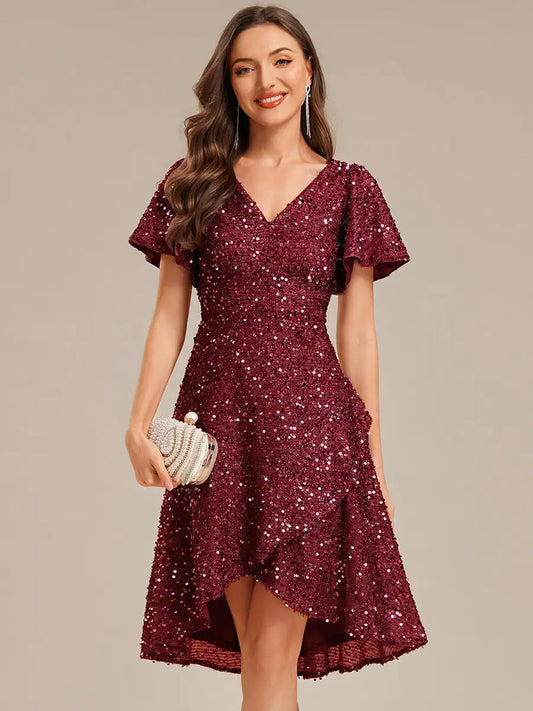 Evening Dress Short Sleeve Ruffle Sequin Deep V-Neck High-Low Ever Pretty of Burgundy Formal Dresses