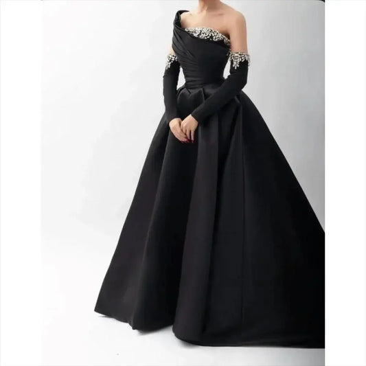 Aileen Satin Off The Shoulder Black Ball Gown Formal Evening Gown 2026 Luxury Appliques Beading Customized Robes De Soirée