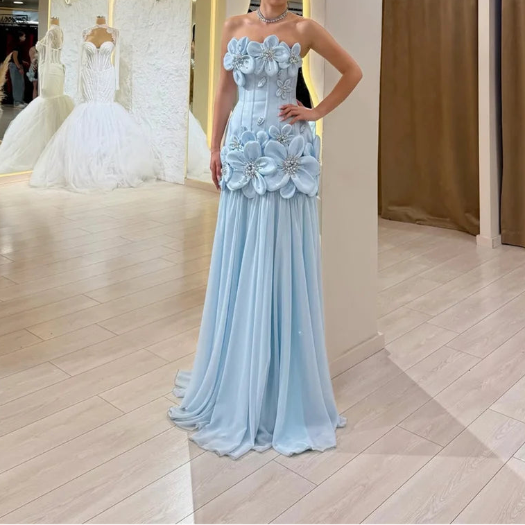 Sky Blue Flower Sleeveless Fishtail Elegant Night Dresses for Luxury Party Evening Dresses for a Wedding