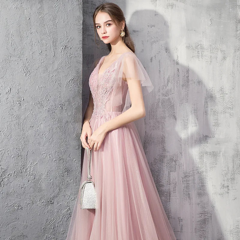 2026 Summer New Women's Banquet Pink Evening Dress Fashionable Look Slimming and Skinny Bareback Long Mesh