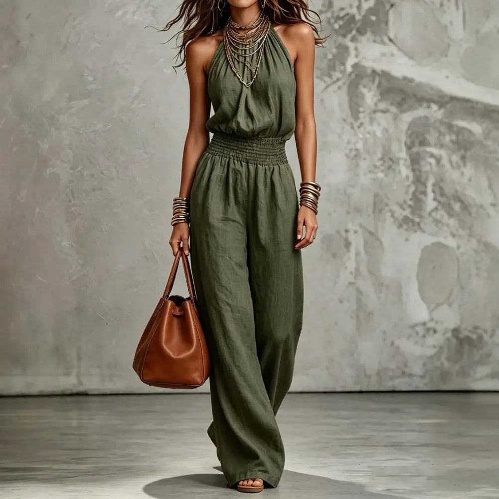 Women's Halter Neck Summer Jumpsuit Sleeveless Wide Leg Long Pants Romper High Waist One Piece Overalls