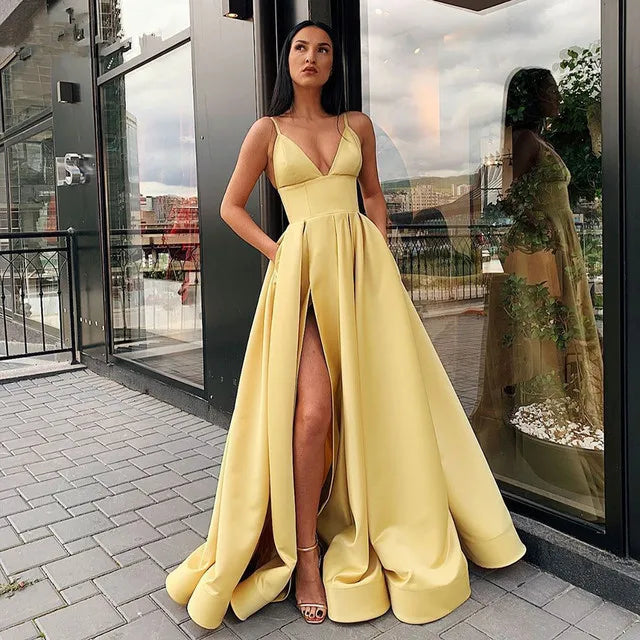 Royal Blue Satin Evening Dress Women Floor Length Suspenders High Split Bridal Formal Long Ball Gowns Trend Pageant Dress