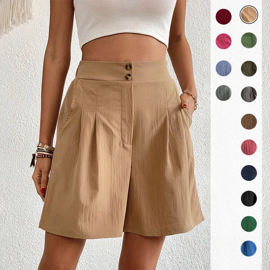 Summer Women Solid Color Double Button High Waisted Comfortable Straight Cylinder Loose Multicolor Shorts