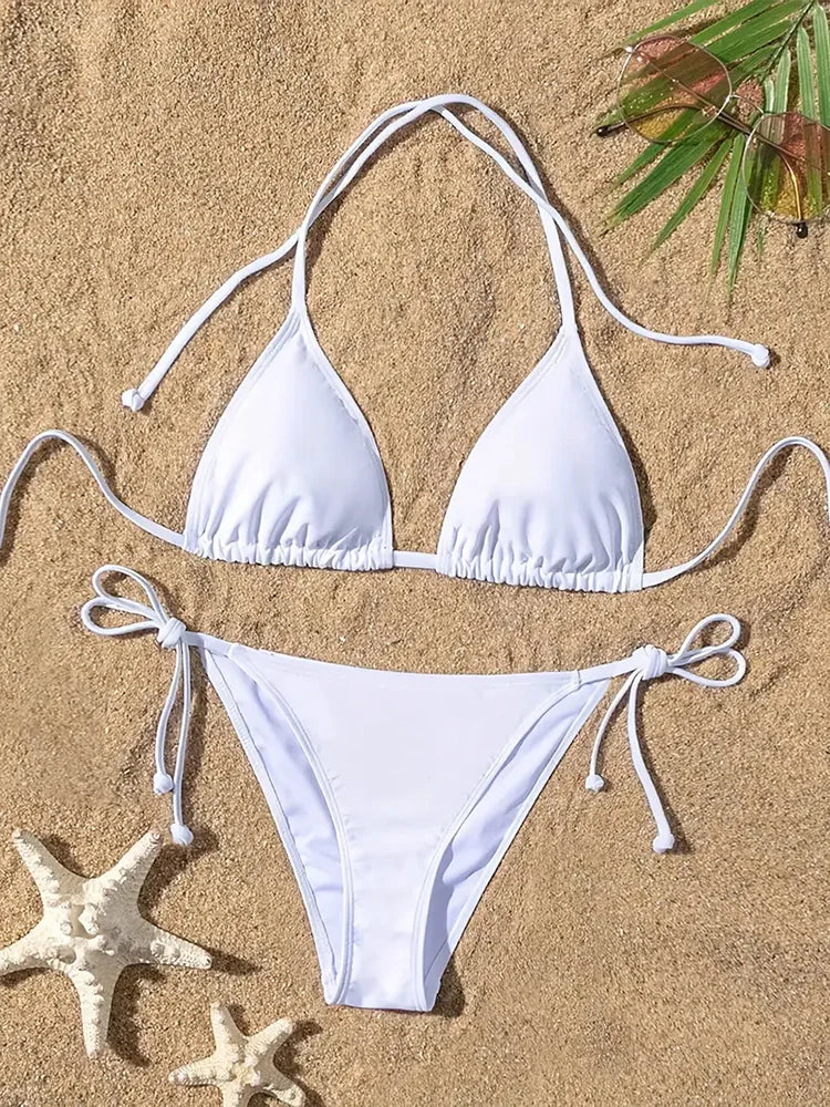 Women Swimsuit Bikini Set Halter Triangle Bra Side Tie Thong Swimwear Beachwear Lady Bathing Suit