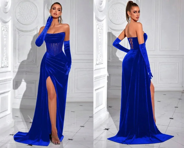 Elegant Korean Velvet Long Dress Sexy Fishbone Sash Strapless Evening Gown High End Adult Women's Fashion Summer 2025