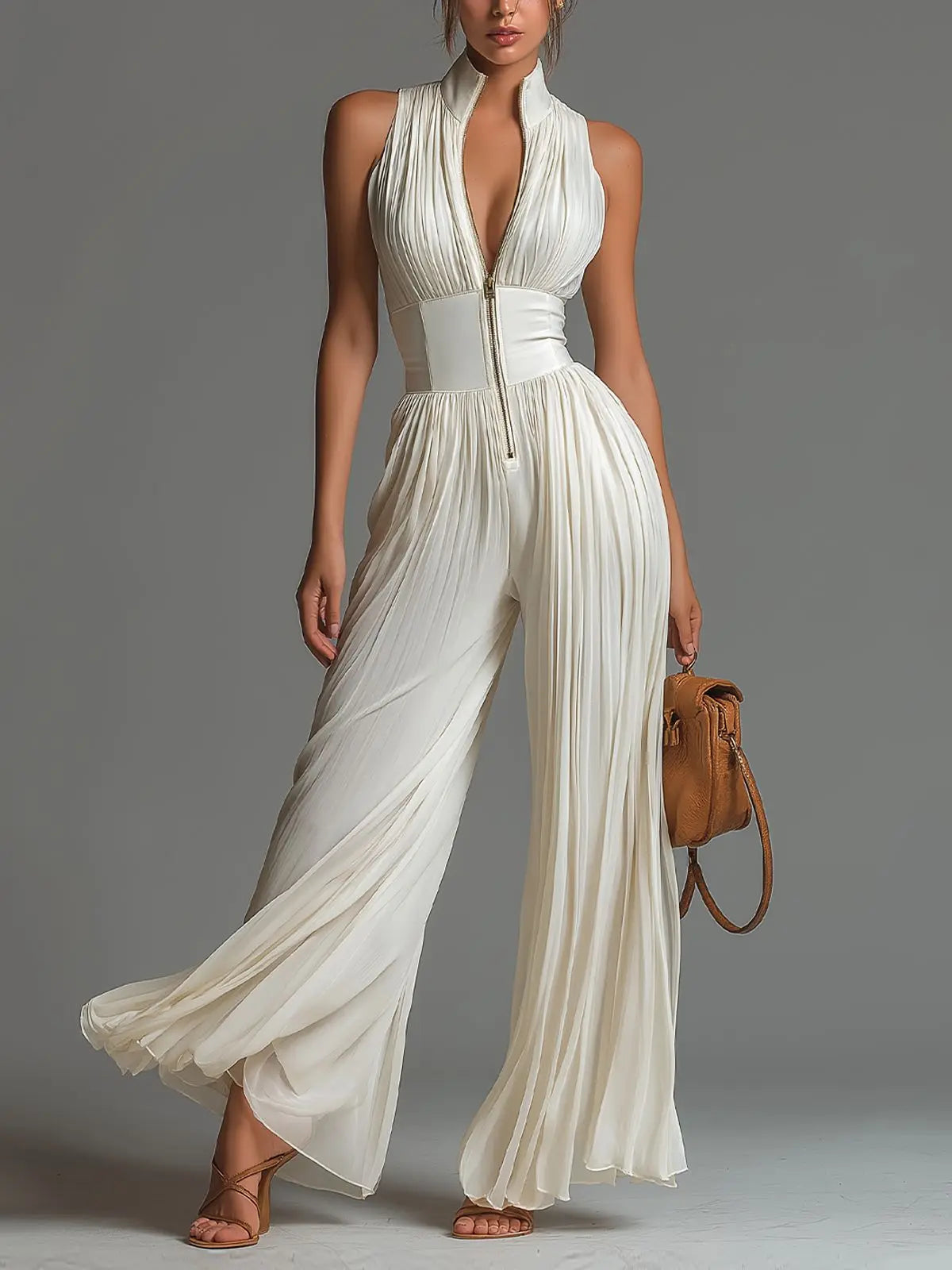 Women Elegant Chiffon Sleeveless Jumpsuit High Waist Pleated Flowy Wide Leg One Piece Overalls Holiday Casual Streetwear Rompers