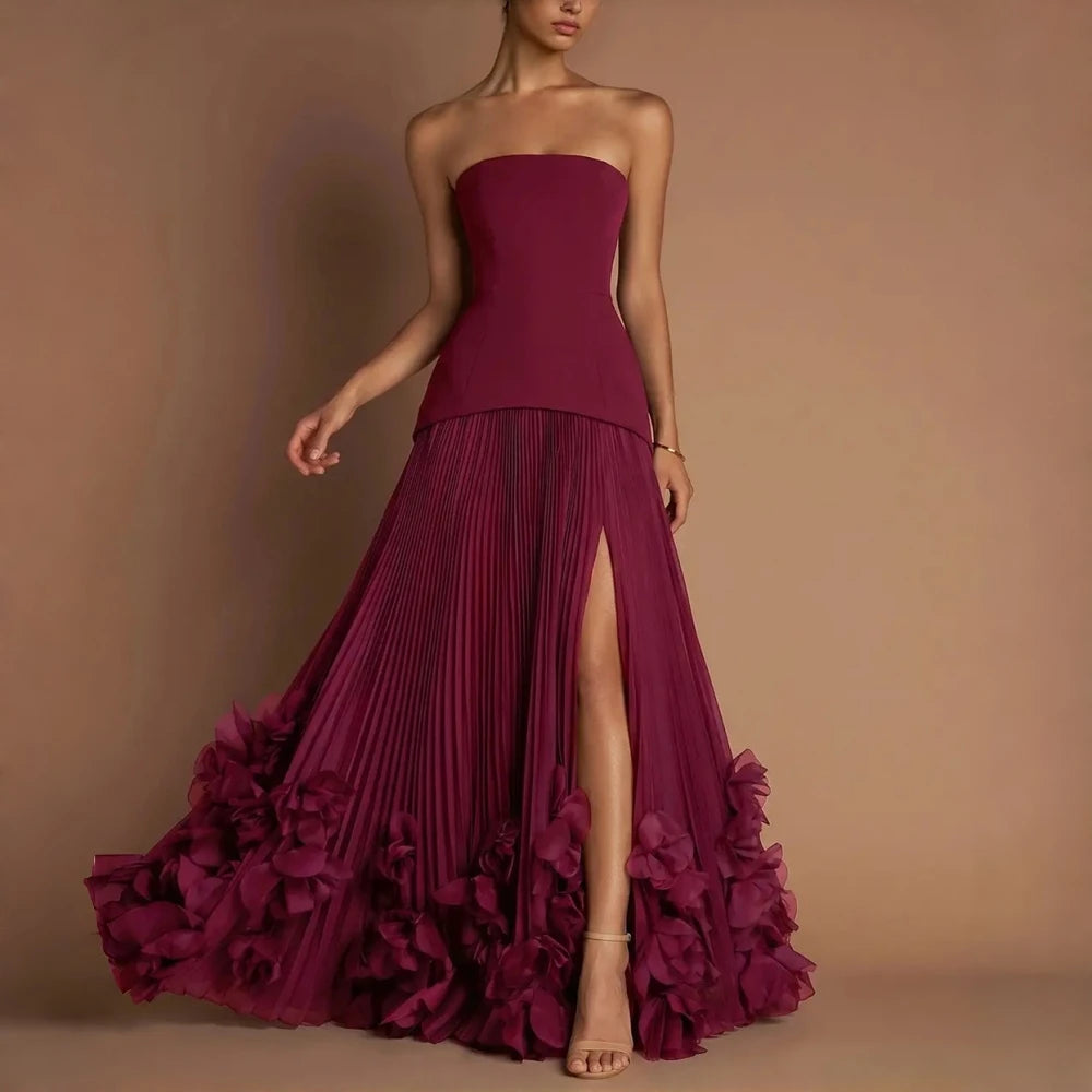 Burgundy Strapless Corset Bridesmaid Maxi Dress Stretch Crepe Bodice Pleated Chiffon Skirt High Side Slit 3D Floral A Line Dress