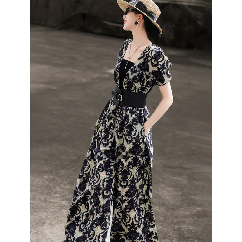 2026 New Summer Commuter V Neck Puff Short Sleeve Wide Buckle Belt High Waist Ink Print Flowy Wide Leg Jumpsuit
