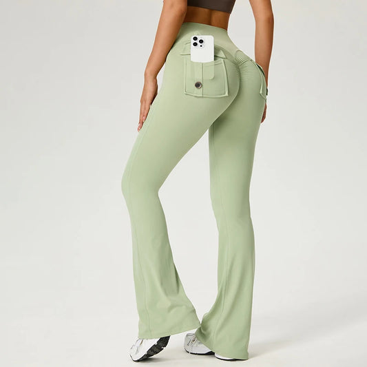 Yoga Pants Pocket Back Flare Leggings Sports Fitness High Waisted Scrunch Leggings Workout Trousers Gym Woman Clothing