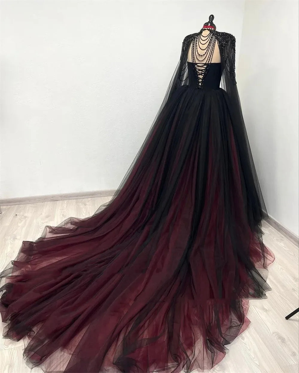 Black WIth Red Wedding Dress Sequins Cape Sleeve Ball Gown Vestidos De Novia Customized A-line Prom Dresses