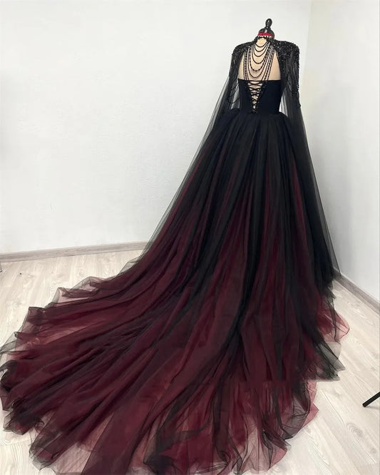 Black WIth Red Wedding Dress Sequins Cape Sleeve Ball Gown Vestidos De Novia Customized A-line Prom Dresses