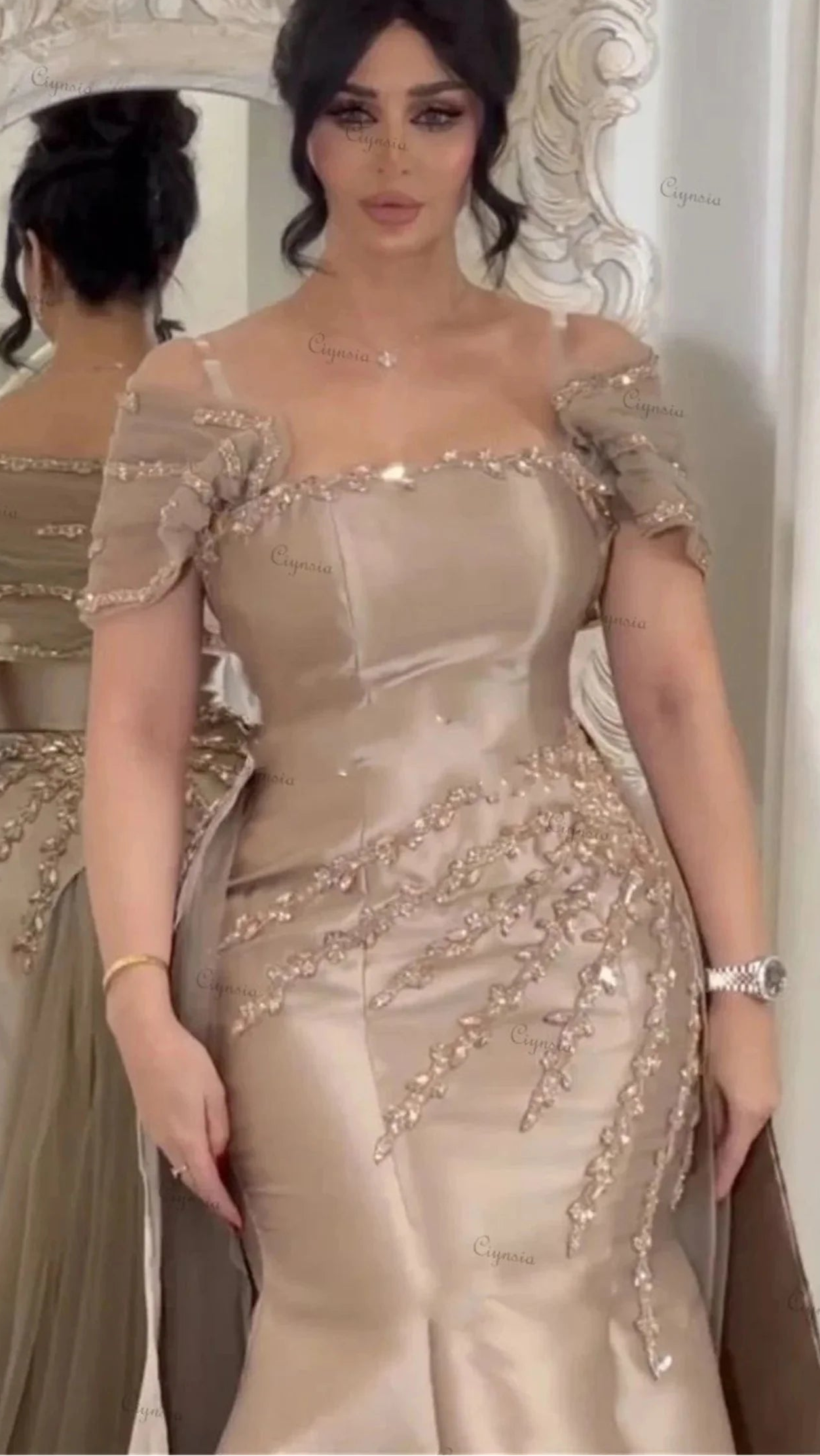 Women's Evening Dresses for Special Occasions Champagne Satin Prom Dresses 2025 Beads Party Luxurious