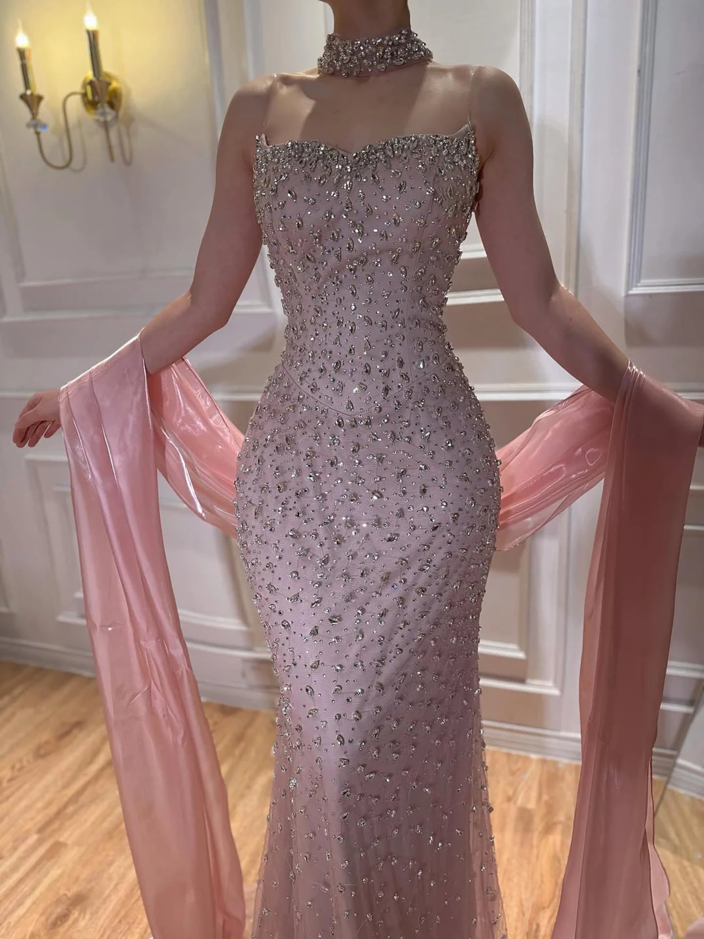 Pink Strapless Diamond Beaded Evening Dress Detachable Sleeve Formal Party Long Gown 2026