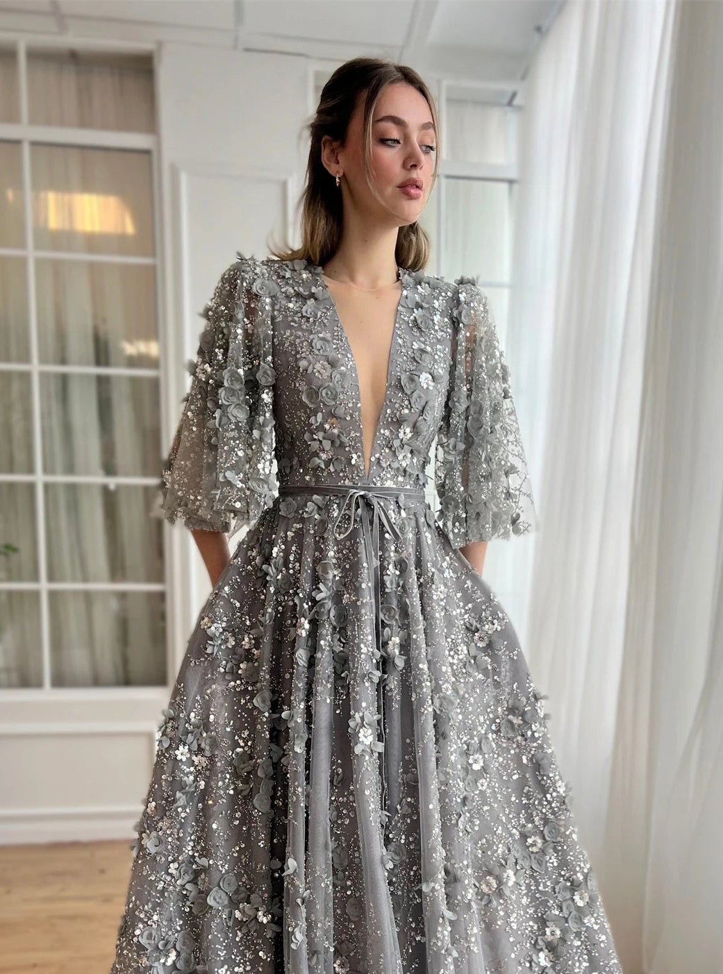 Party Evening Dress Grey Ball Female Dresses for Youth Women Prom Deess Evones Long Gala