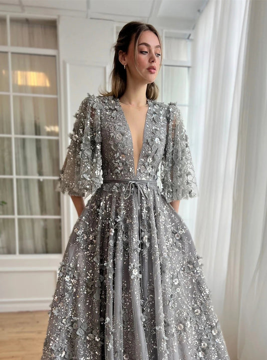 Party Evening Dress Grey Ball Female Dresses for Youth Women Prom Deess Evones Long Gala