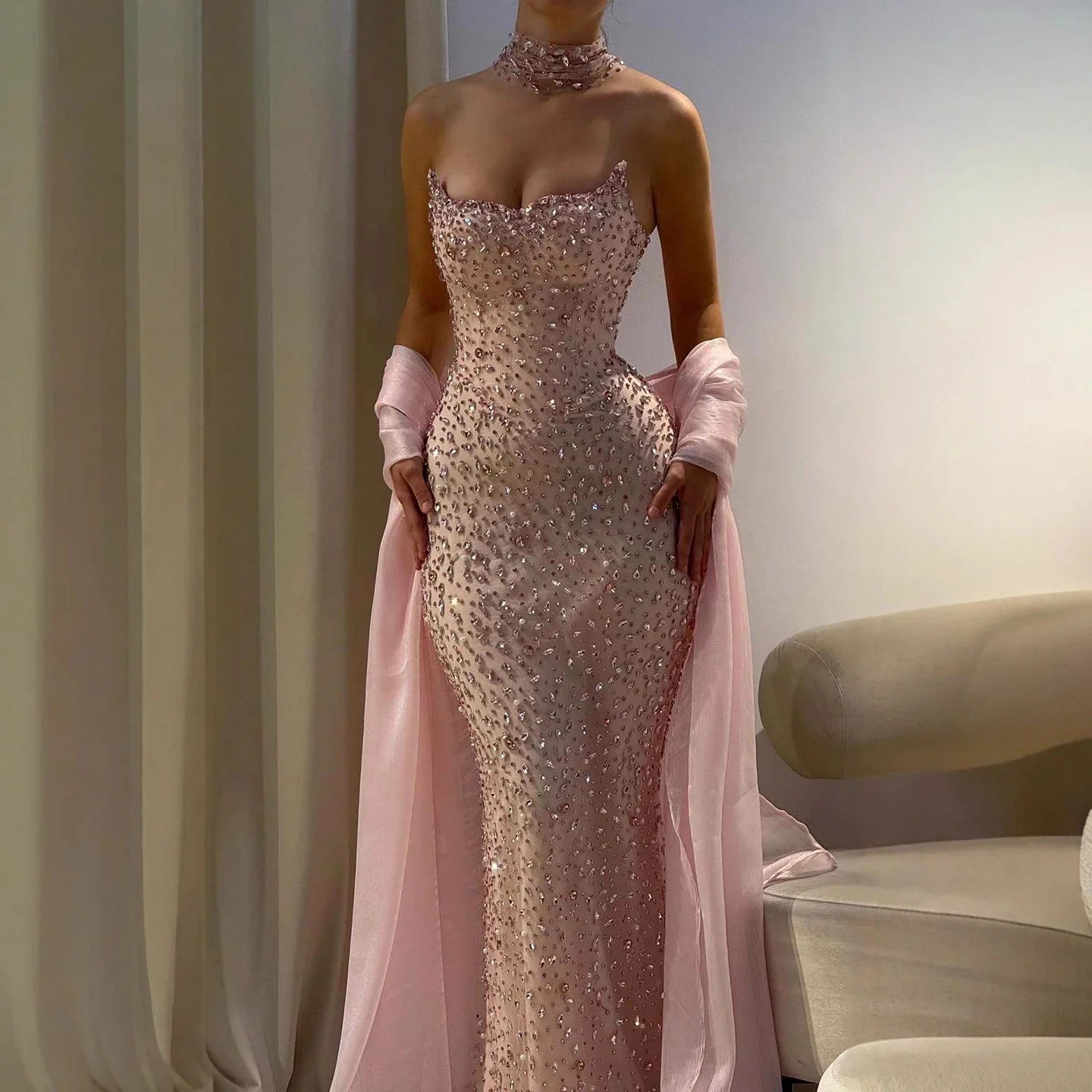 Pink Strapless Diamond Beaded Evening Dress Detachable Sleeve Formal Party Long Gown 2026
