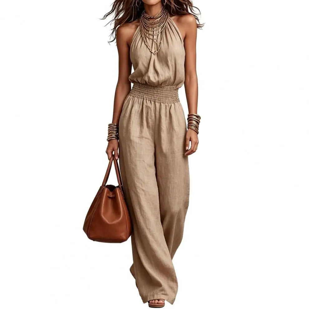 Women's Halter Neck Summer Jumpsuit Sleeveless Wide Leg Long Pants Romper High Waist One Piece Overalls
