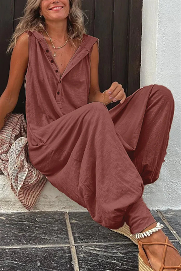 Hot Sale Women Solid Hooded Jumpsuit Button Sleeveless Loose Baggy Long Pants Romper