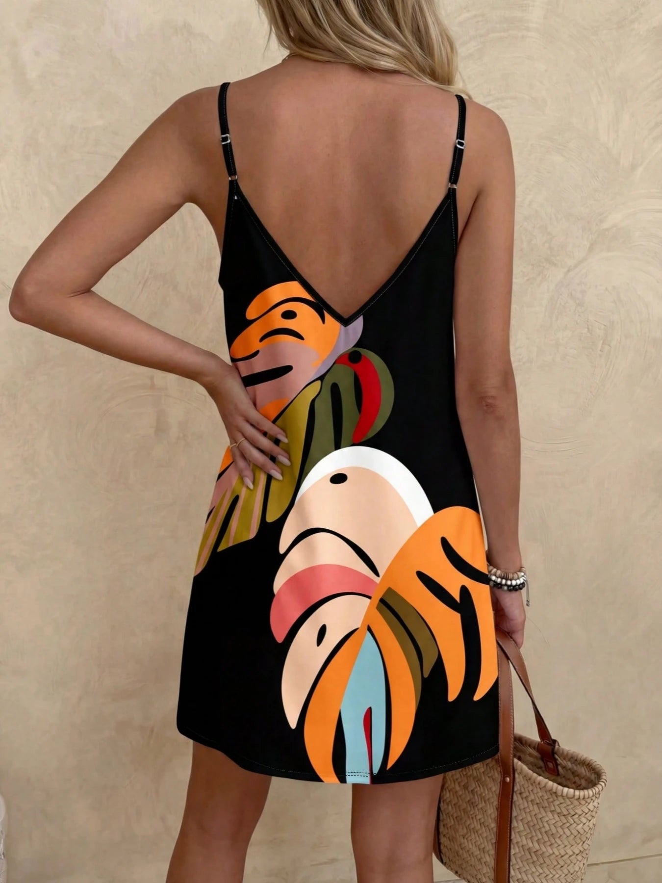 Women's Summer Elegant Vacation Style Tropical Plant Printed V-neck Strap Dress