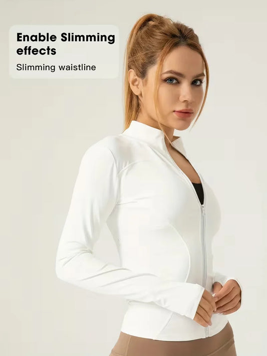 Women Slim Fit Stand Collar Sports Jacket Zip Up Yoga Jacket Quick Dry Slim Waist Running Workout Coat For Spring