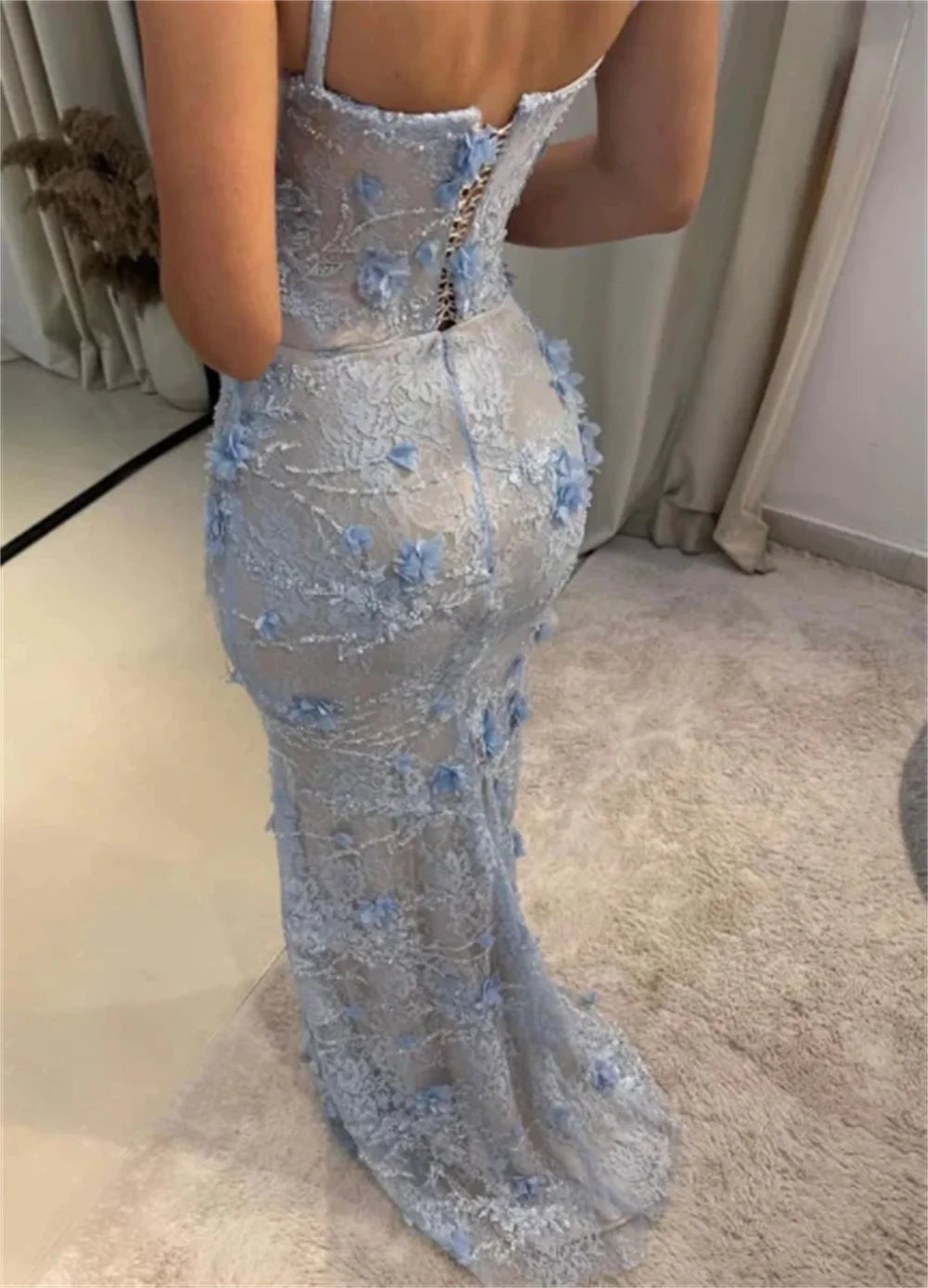 Sky Blue Exquisite Flowers Prom Dress Spaghetti Straps Lace-up vestidos de noiva Floor-length Evening Dresses