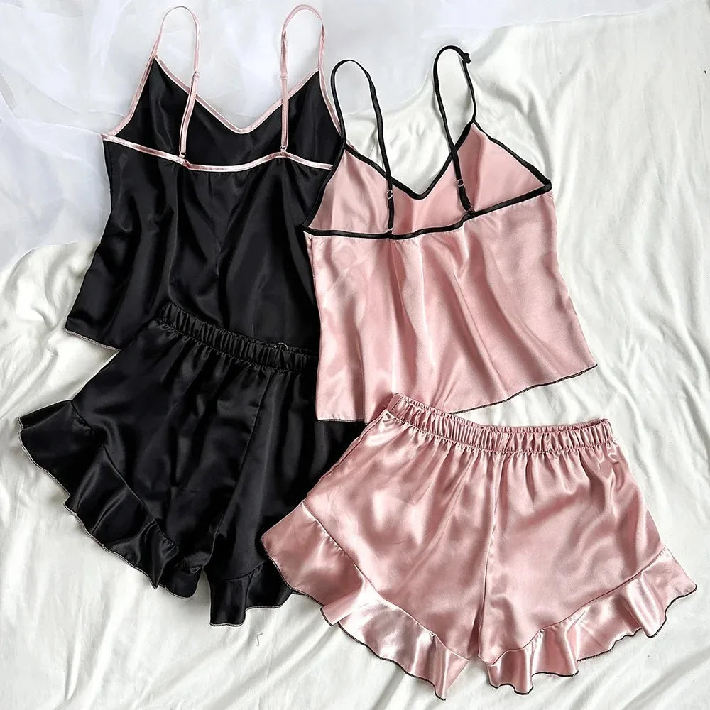 Women's Smooth Satin Pajamas V-Neck Top Ruffled Edges and Bow Shorts Simple and Breathable Pajama Set Sling Home Clothing