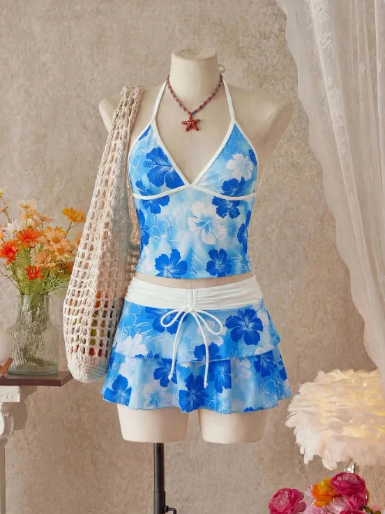 Top Bikini Brief Drawstring Tiered Ruffle Swim Skirt Tropical Beach Swimwear