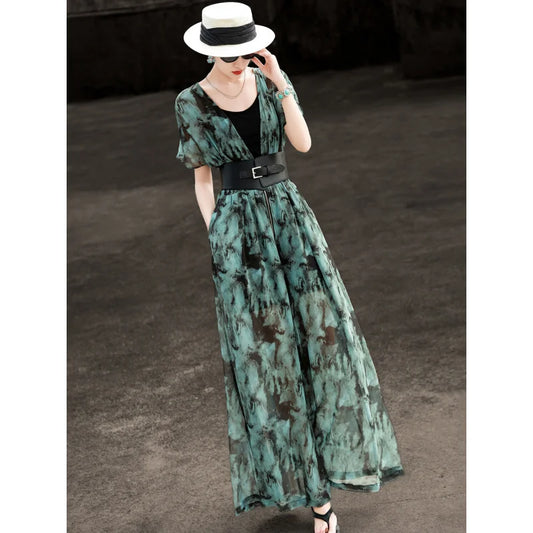 2026 New Summer Commuter V Neck Puff Short Sleeve Wide Buckle Belt High Waist Ink Print Flowy Wide Leg Jumpsuit