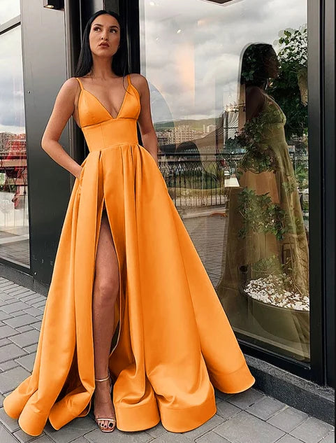 Royal Blue Satin Evening Dress Women Floor Length Suspenders High Split Bridal Formal Long Ball Gowns Trend Pageant Dress