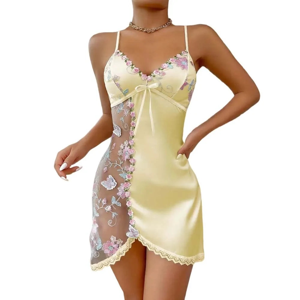 Pajama Dress Embroidered Mesh Transparent Ice Silk Suspender Nightdress Split Sleepwear