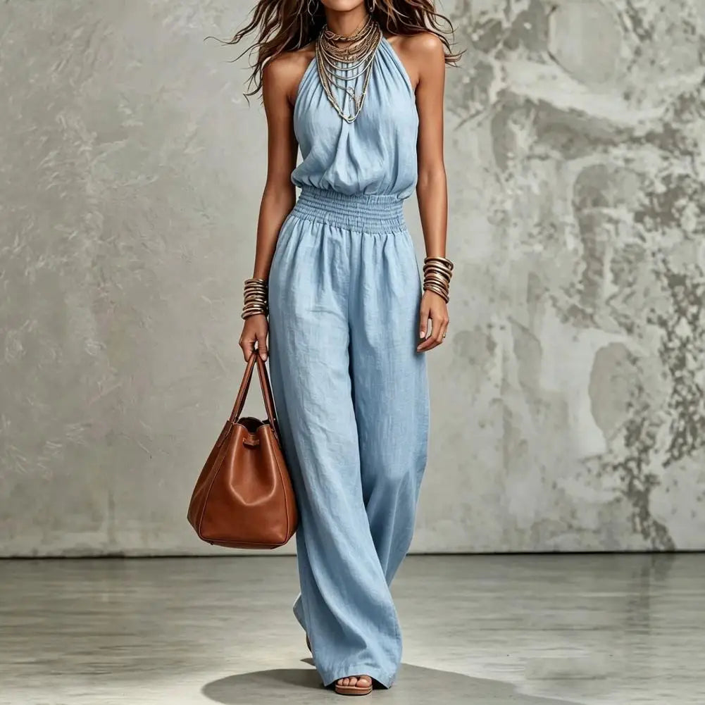 Women's Halter Neck Summer Jumpsuit Sleeveless Wide Leg Long Pants Romper High Waist One Piece Overalls