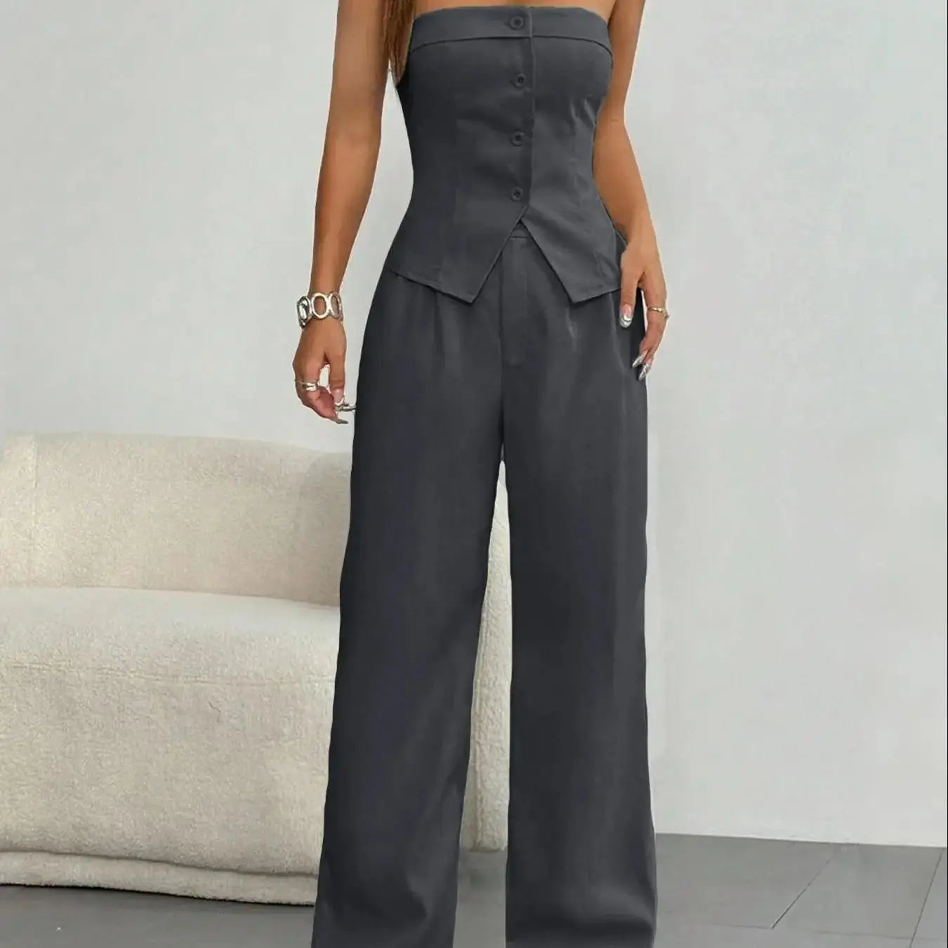 Women's Solid Button Front Tube Top & Wide Leg Pants Two-piece Set, Casual Fashion Cozy Top & Trousers for Daily Outdoor Wear, L