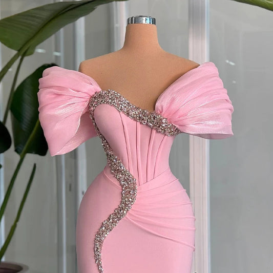 Shoulder Evening Dress Rhinestones Pleat Mermaid Sweetheart Formal Party Gown Vestido De Noche Customized