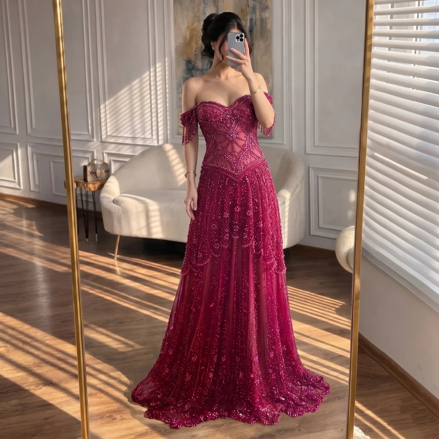 Serene Hill 2026 Luxury Fuchsia Arabic Beaded A-Line Evening Dress With Tassels For Formal Wedding Party BLA73594 Customized