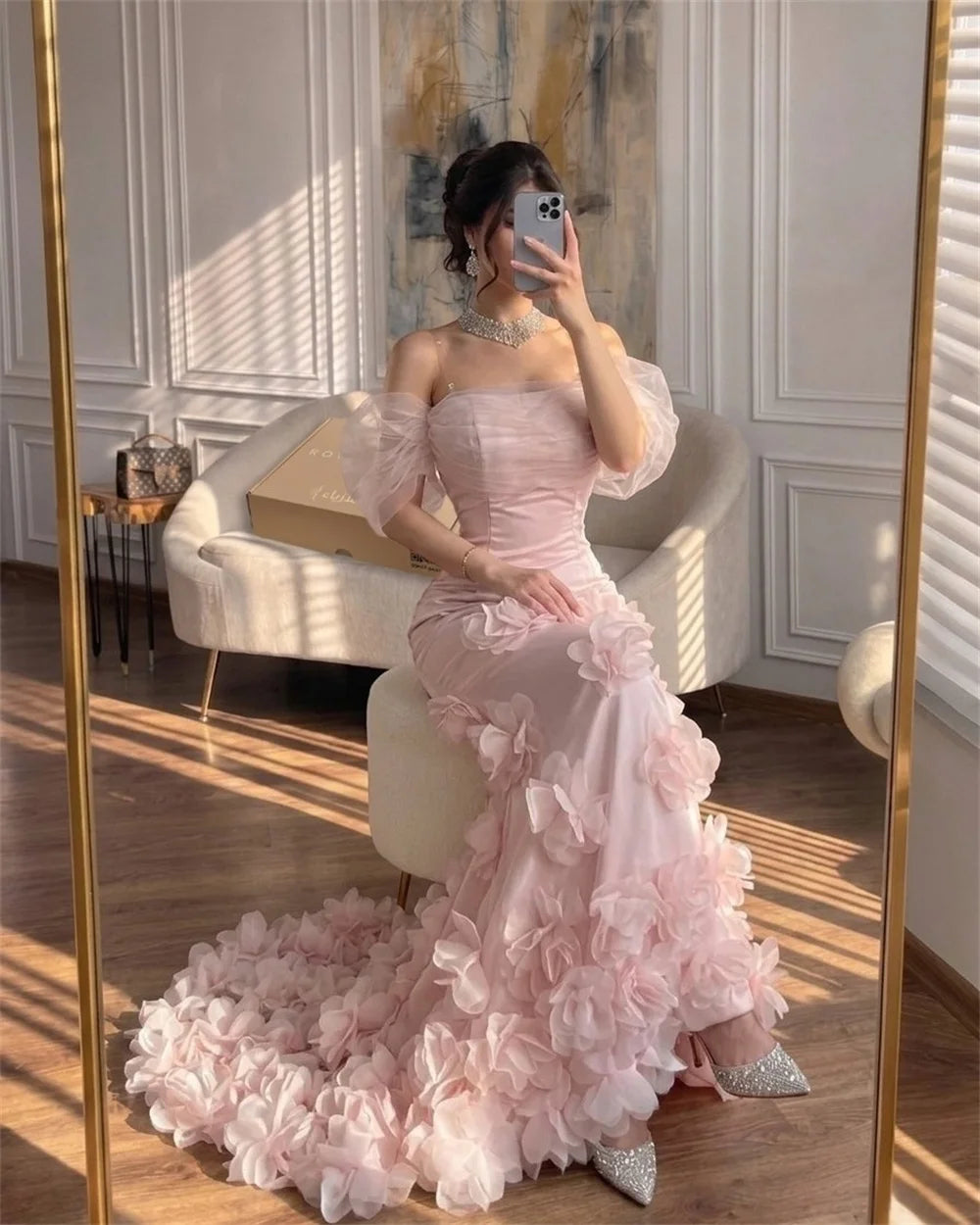 Pink Formal Mermaid Dress Ruched Strapless Bodice Off Shoulder Tulle Sleeve 3D Flower Floor Length Train Dress