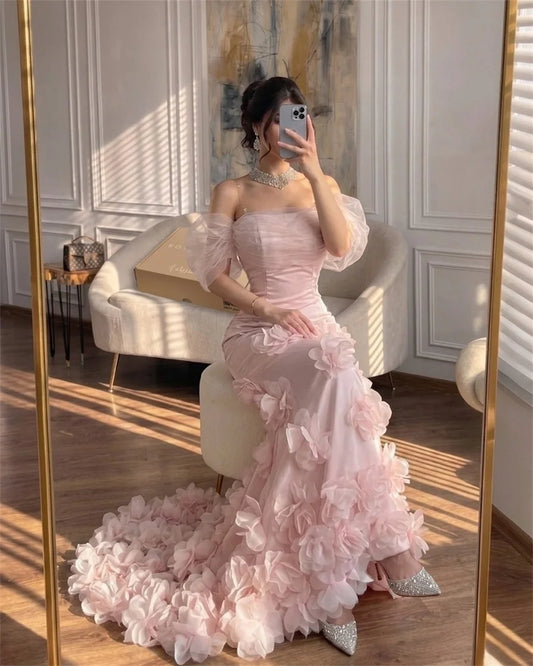 Pink Formal Mermaid Dress Ruched Strapless Bodice Off Shoulder Tulle Sleeve 3D Flower Floor Length Train Dress