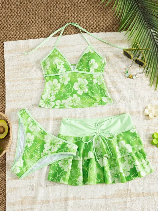 Top Bikini Brief Drawstring Tiered Ruffle Swim Skirt Tropical Beach Swimwear