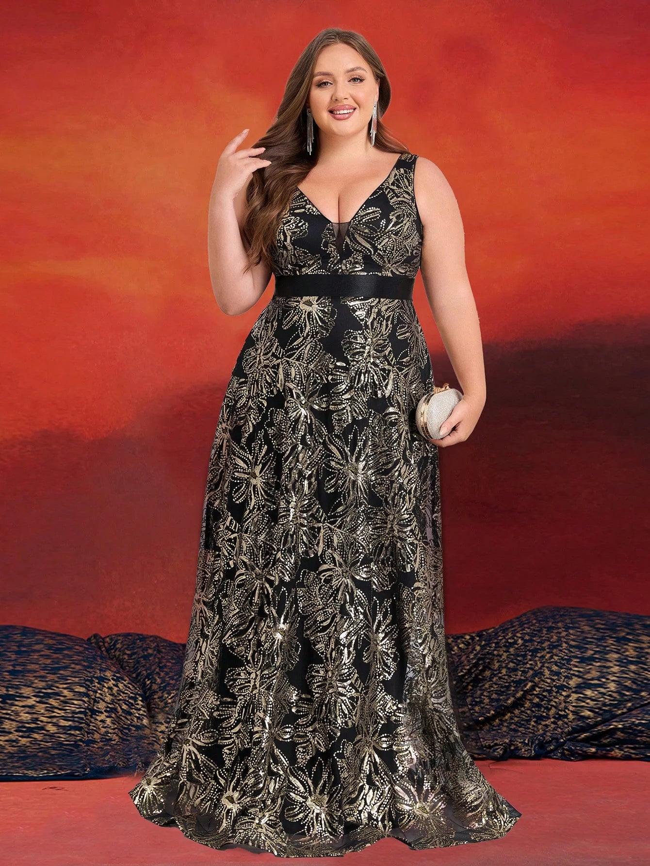 Plus Size Luxury Deep V-Neck Sequins Blue Evening Dress Women Elegant V-back Wedding Party Long Prom Cocktail Dresses