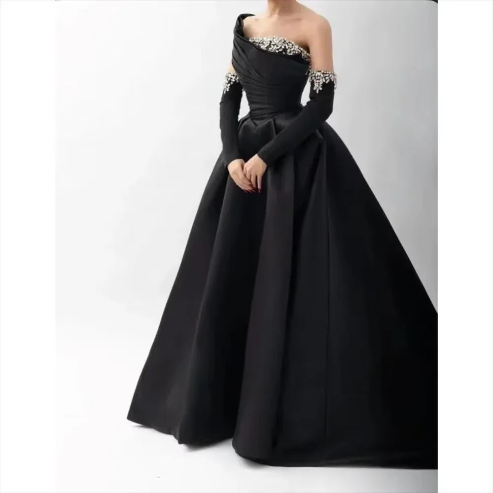 Aileen Satin Off The Shoulder Black Ball Gown Formal Evening Gown 2026 Luxury Appliques Beading Customized Robes De Soirée