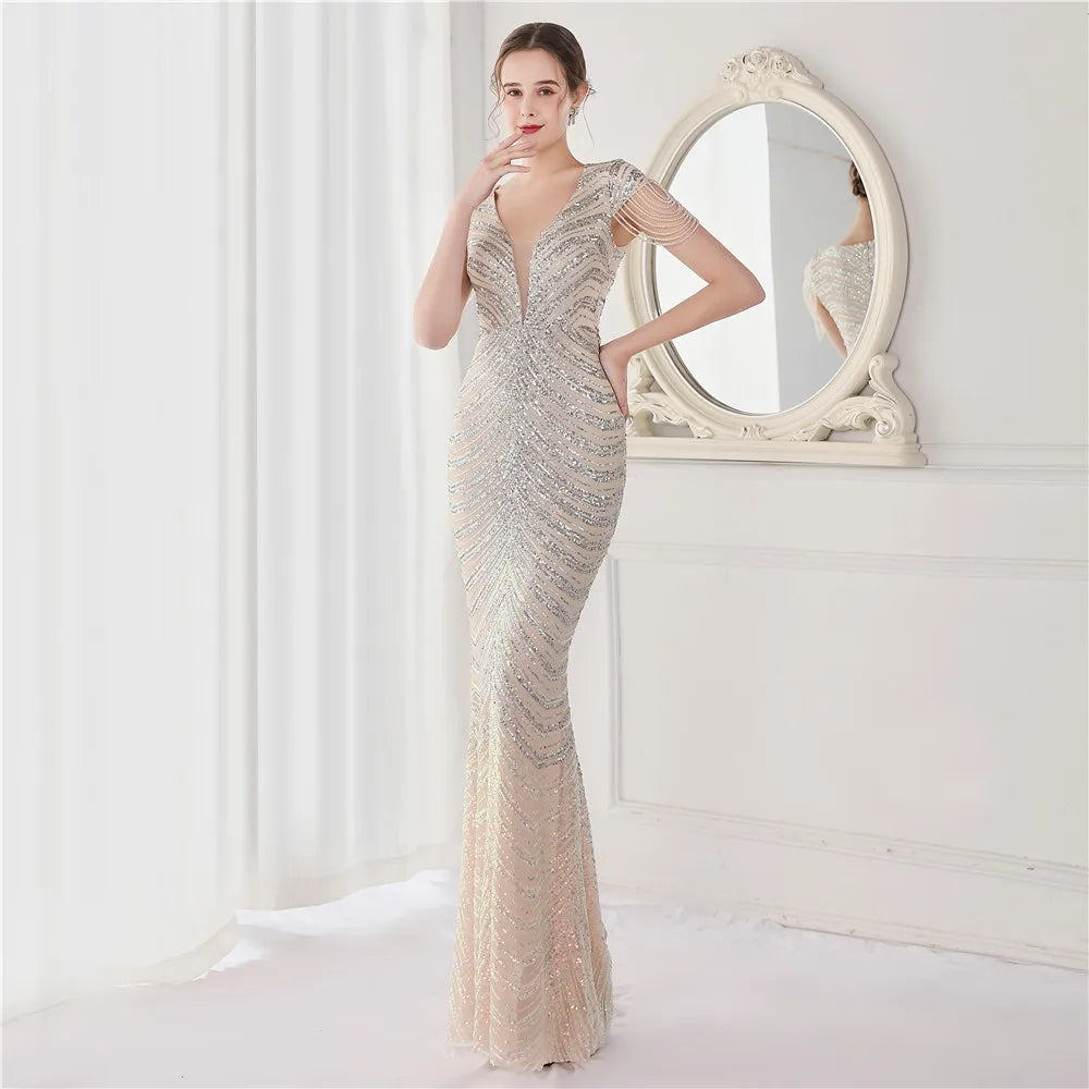 Elegant V Neck Mermaid Evening Dress Long Luxury Beads Women Evening Party Dresses 2025