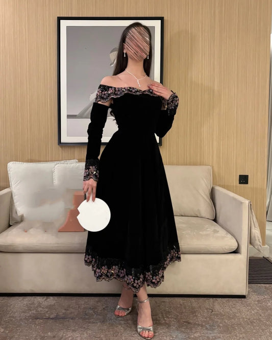 High Quality Women Formal Dress Off-the-shoulder Handmade Flower Beading A-line Prom Dresses Classic Midi Dresses