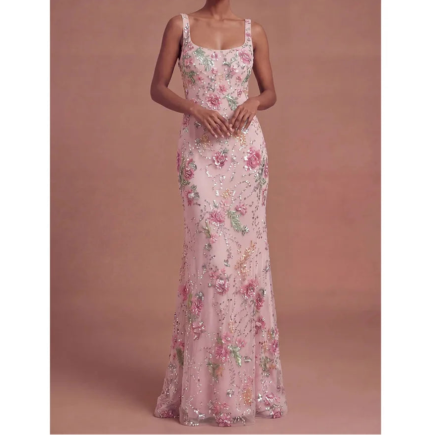 A-line Flower Square Neck Backless Evening Dresses Woman Elegant Woman Dress Women's Evening Dress for Weddings
