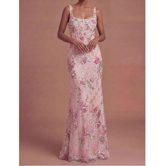 A-line Flower Square Neck Backless Evening Dresses Woman Elegant Woman Dress Women's Evening Dress for Weddings